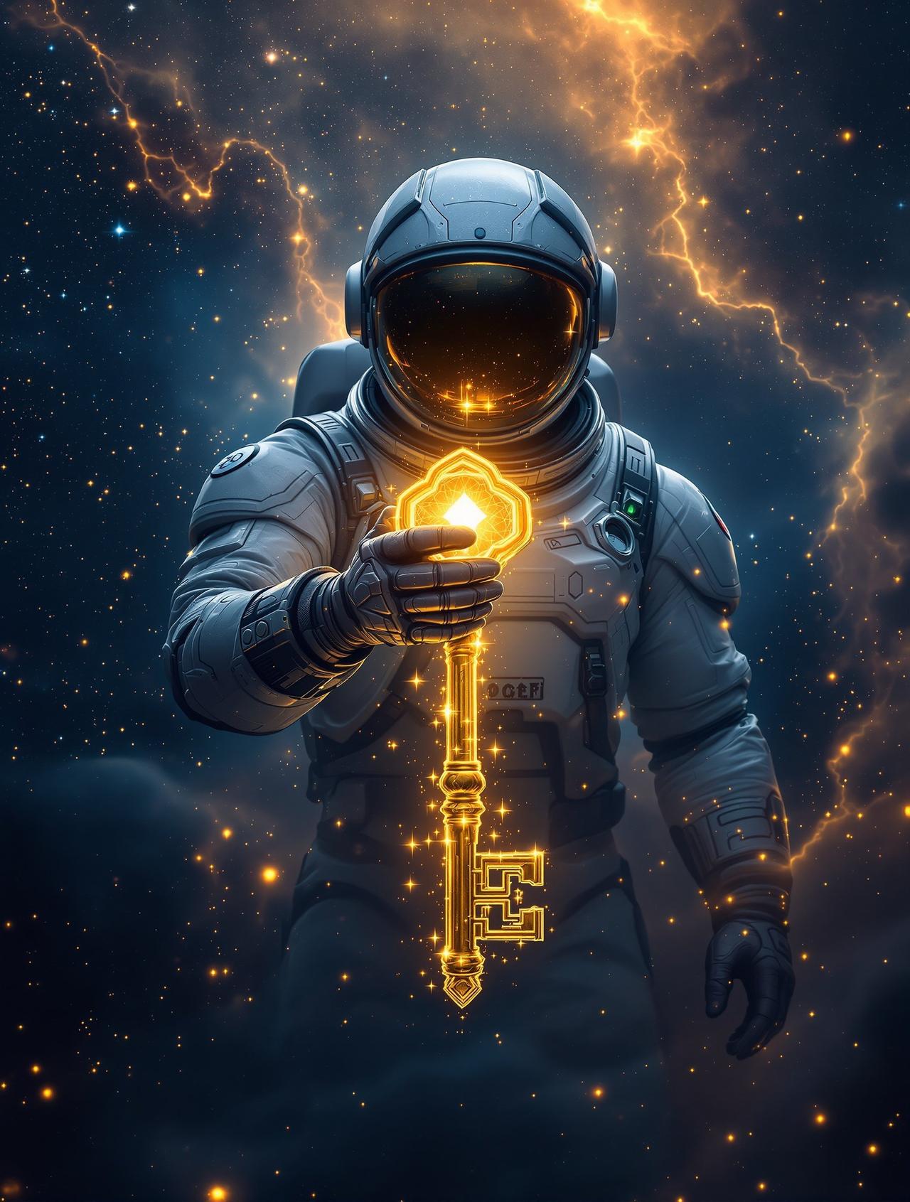 ai漫剧黄热播作品《星河之钥》海报 — 星际探索者在一颗废弃星球上发现了一把来自上古文明的钥匙。这把